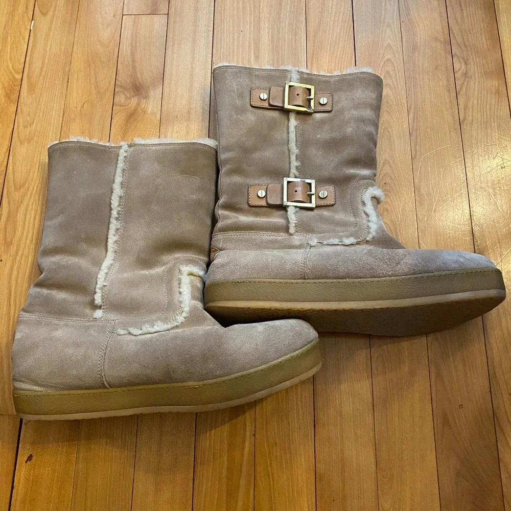 Tory Burch Buttery‎ Soft Suede Shearling Buckle Boots Tan Beige Women's Size 10